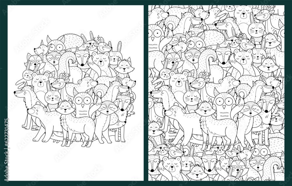 Cute forest characters coloring pages set in US Letter format. Woodland animals prints in black and white. Vector illustration