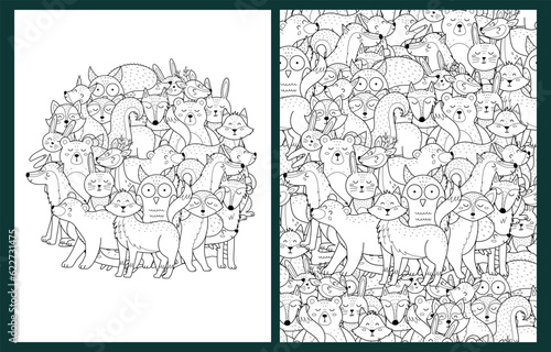 Cute forest characters coloring pages set in US Letter format. Woodland animals prints in black and white. Vector illustration