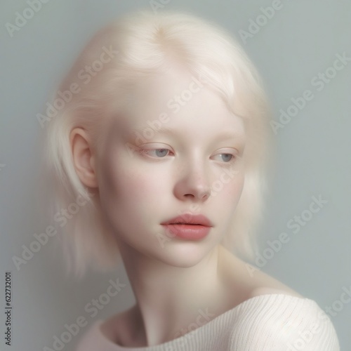 Portrait of a pretty girl with white hair. Image generated by AI.