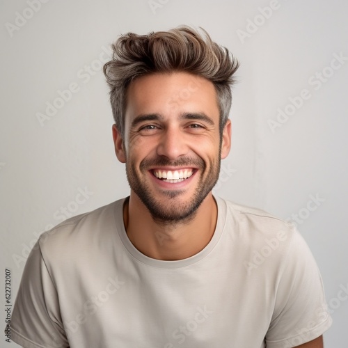 Portrait handsome man with dark hairstyle bristle and smile. Image generated by AI.