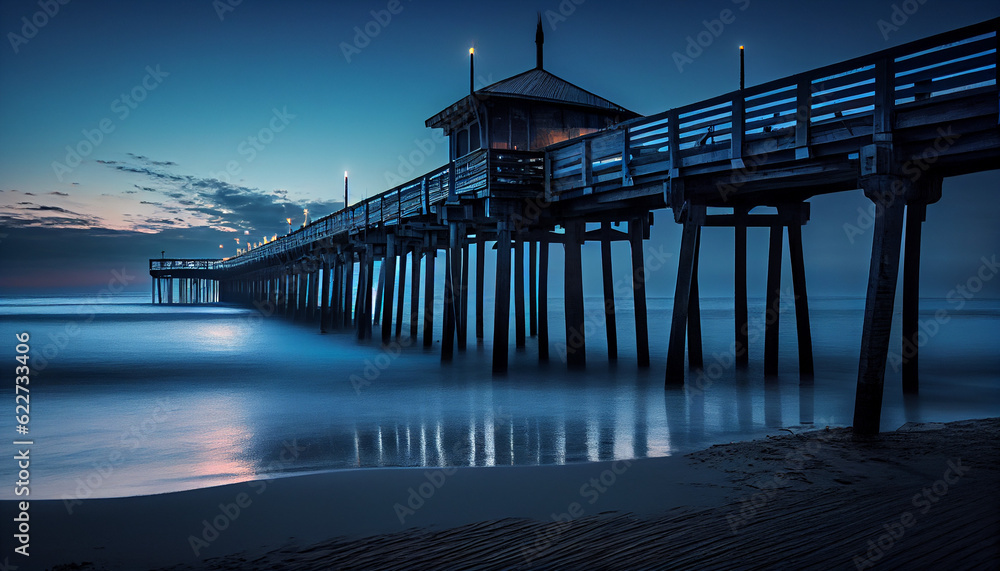 Naklejka premium Blue Hour before the sunrise along the pier Ai generated image