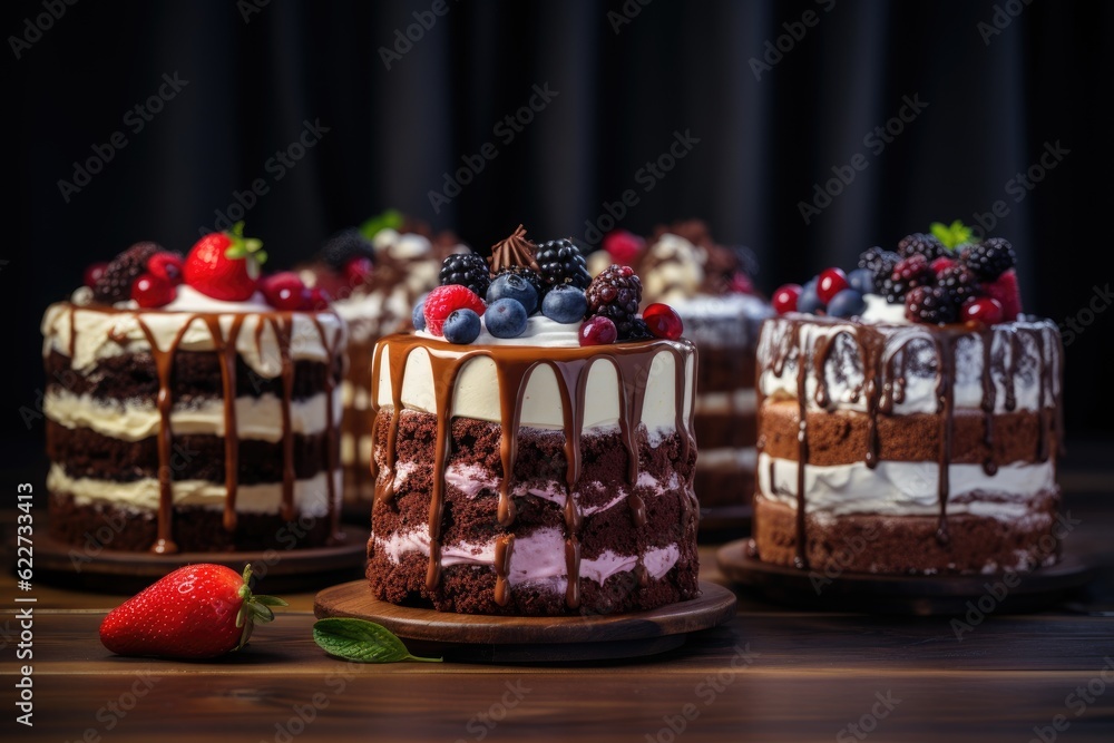 Assorted different mini cakes with cream, chocolate and berries
