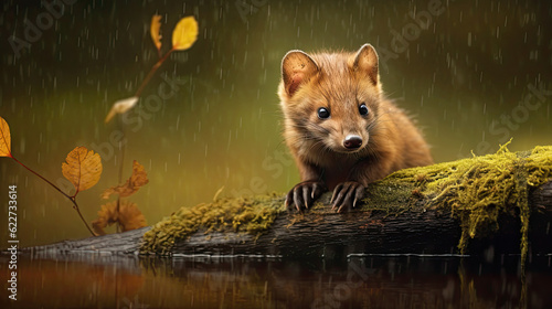 marten in the autumn forest on a rainy day.