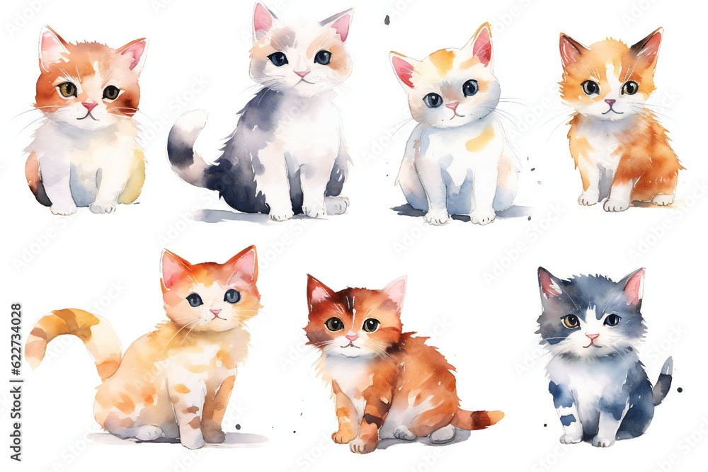 Watercolor cute cat on white background Generative AI Watercolor cute cat on white background Generative AI