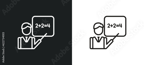 teacher with stick outline icon in white and black colors. teacher with stick flat vector icon from education collection for web, mobile apps and ui.