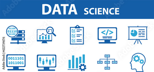 Data science banner web icon for Computer Science and insight, Ai, Big Data, algorithm, analyze, Statistic, knowledge, Deep and machine learning. minimal vector infographic concept.