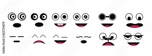 Cartoon retro faces. Vintage emotional face, old style funny eyes and mouth, different facial expression. Vector set