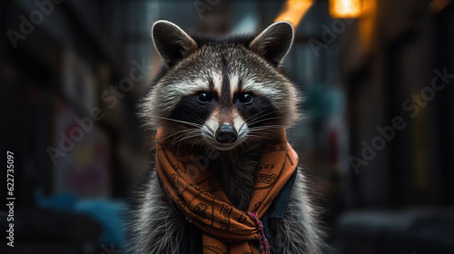 Closeup of a raccoon wearing a red scarf around its neck. Stylish raccoon wearing beautiful shawl and bandana. Cute raccoon in a knitted scarf panoramic layout. Generative AI