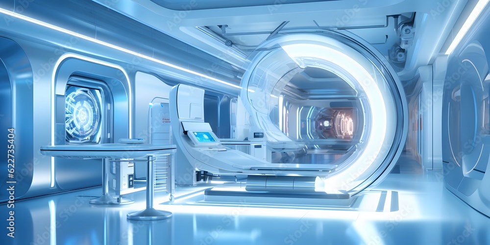 advanced mri or ct scan medical diagnosis machine at hospital lab as wide banner with copy space area - Generative AI advanced mri or ct scan medical diagnosis machine at hospital lab as wide banner with copy space area - Generative AI