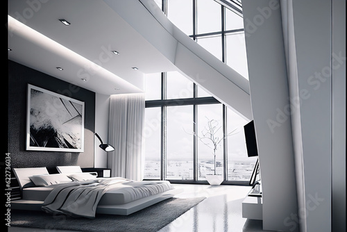 Luxurious Hotel Room  Modern Bedroom Interior with a Large Window  Generative AI Illustration