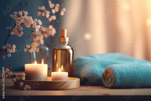 Relaxing spa scene with soothing scents. Composition with soft spa towels  candles  salts and oils close up spa concept. Realistic 3D illustration. Generative AI