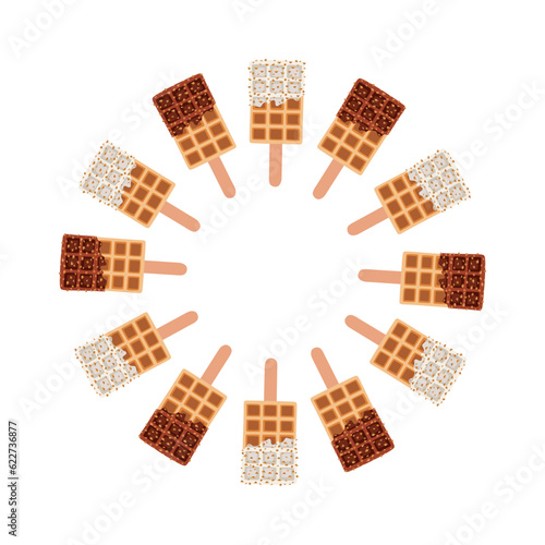 Set of vector belgian waffle on stick. Round frame of waffles. Black and white chocolate.