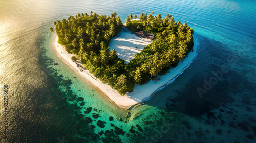 Romantic and dreamy heart-shaped island in the middle of the ocean. Island covered with green palm trees and colorful flowers. Tropical heart shape desert island with white sand beach. Generative AI