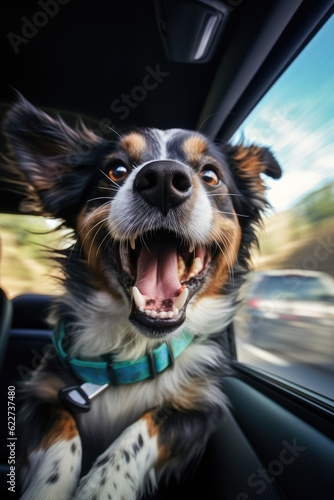 Cute dog looking out of car window , AI Generated
