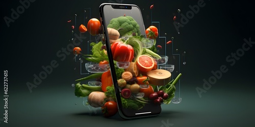 Mobile phone for searching online recipe, diet, nutrition. Grocery shopping app concept