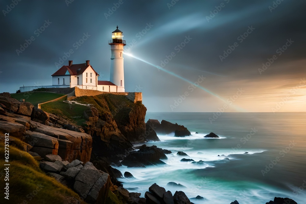 beautiful white light house in sea on hill edge of beautiful sea-image generated by Ai