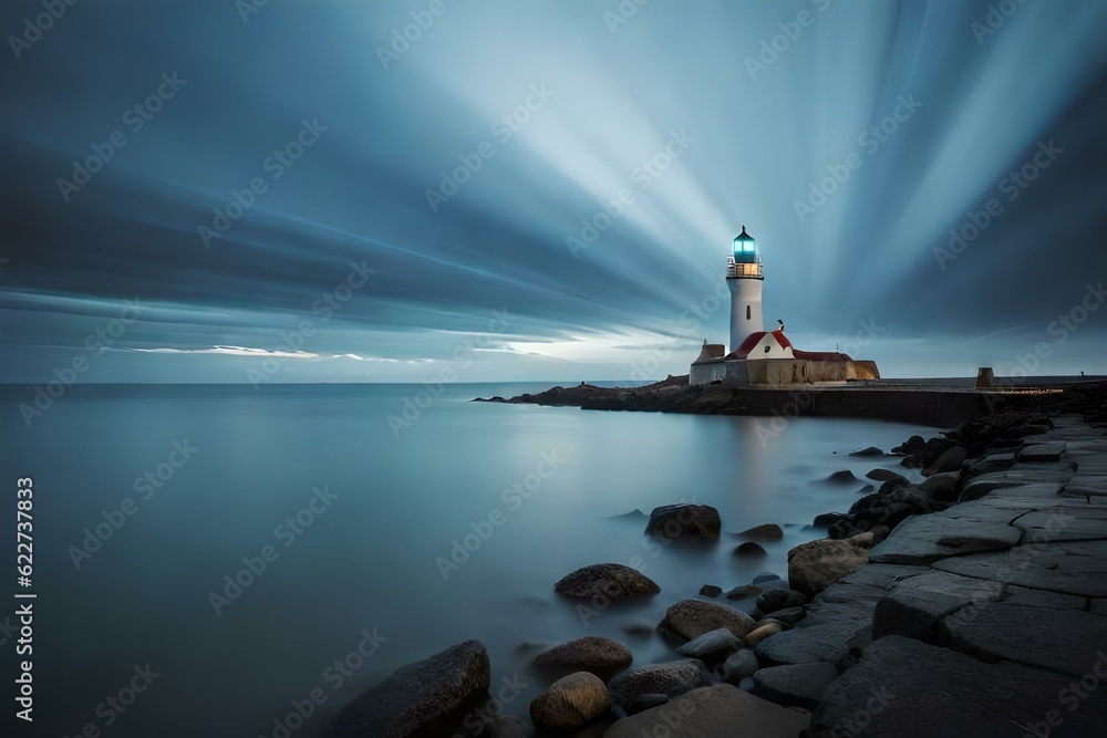 beautiful white light house in sea on hill edge of beautiful sea-image generated by Ai