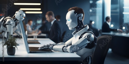 Robot works at laptop in modern office. Robots replacing humans in offices. Machines take people's jobs away. Unemployment. Created with Generative AI technology