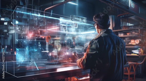 Showcasing predictive maintenance in factories, a factory worker views a holographic projection of a machine internals. Innovative solution for proactive issue detection and resolution. Generative AI