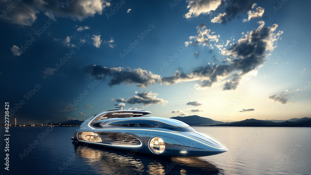 Obraz premium Luxus Schiff Yacht für Personenverkehr eines Oligarchen im Meer bei Sonnenuntergang mit toller Aussicht, ai generativ
