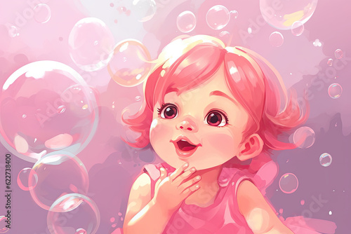 cute baby girl play with soap bubbles illustration Generative AI