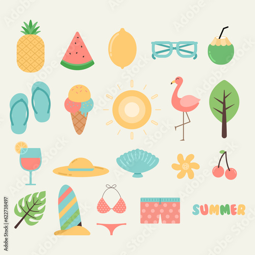 vector cartoon summer elements. Kids vacations stickers, underwater and seaside icons. Cute tropical beach drink, sweets, decent vector kit, Summer season poster, beach holiday