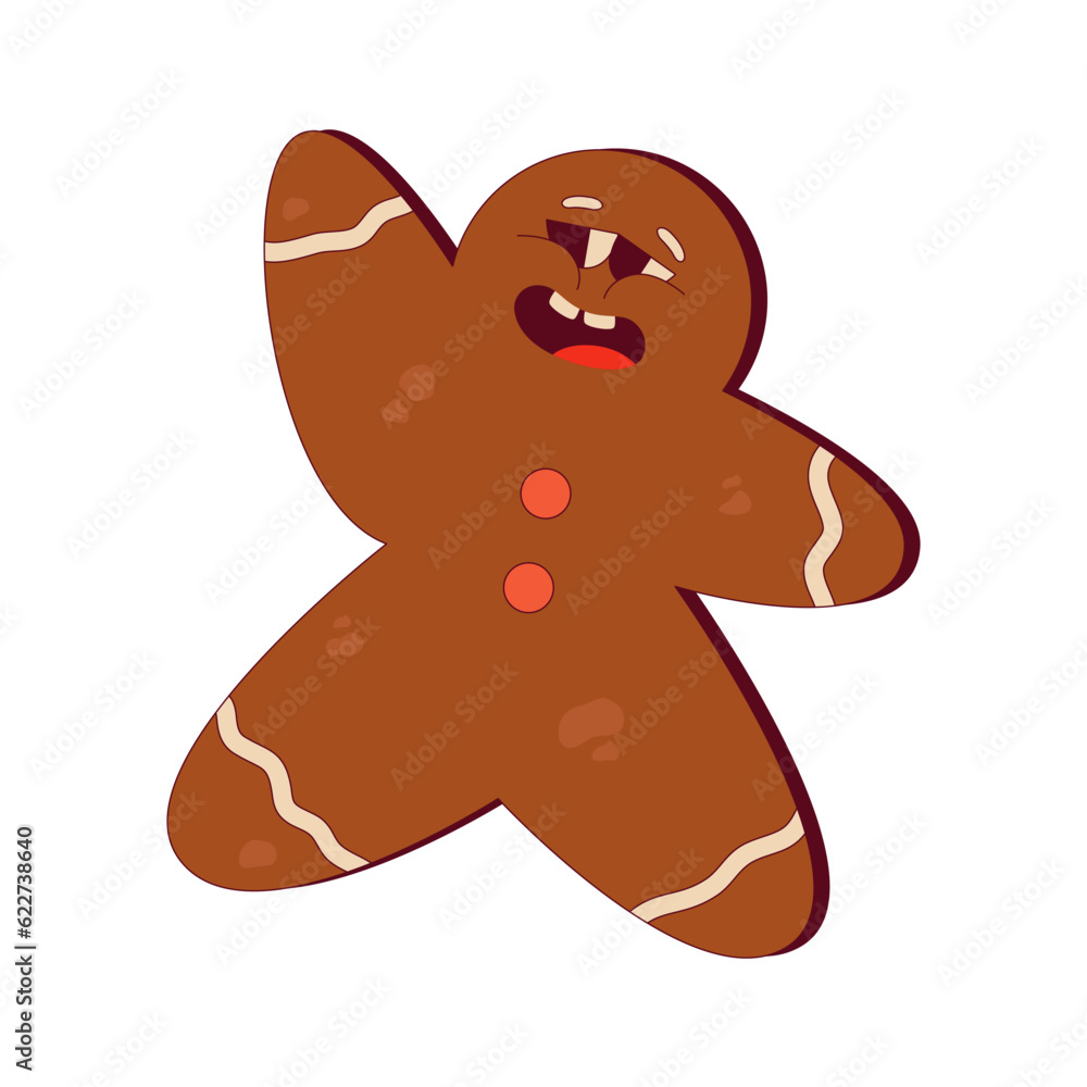 Obraz premium Retro Christmas character gingerbread man. Groovy christmas gingerbread with face. Funny xmas character for comic design. Weird mascot. Retro cartoon vector illustration