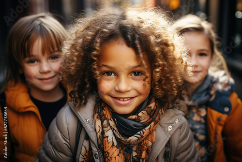 The girl and her friends pose for the camera. Children's portrait. Selective focus.