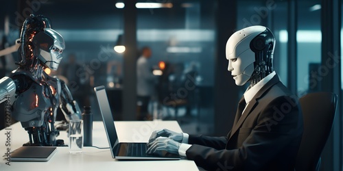 Robot works at laptop in modern office. Robots replacing humans in offices. Machines take people's jobs away. Unemployment. Created with Generative AI technology