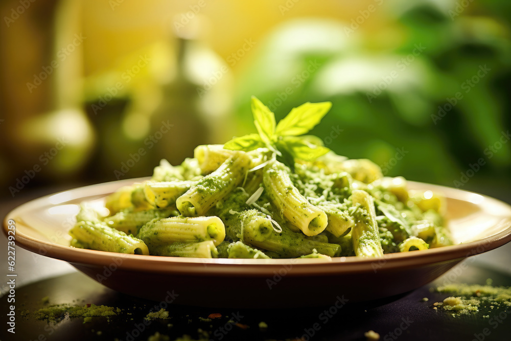 macaroni with pesto sauce in plate on green background