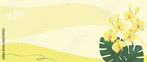 Tropical abstract background of hand drawn orchid flowers and monstera leaves. Vector botanical illustration for banner, poster, Web and packaging. 