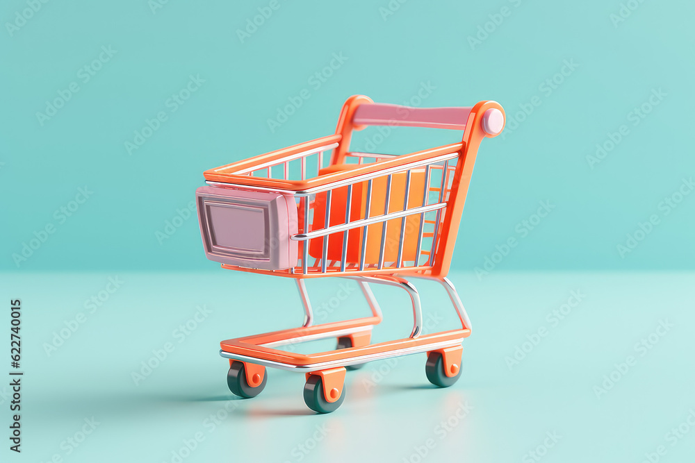Small toy shopping cart on wheels isolated on flat background with copy space, banner template. Light pastel blue orange colors. Generative AI 3d render illustration imitation.