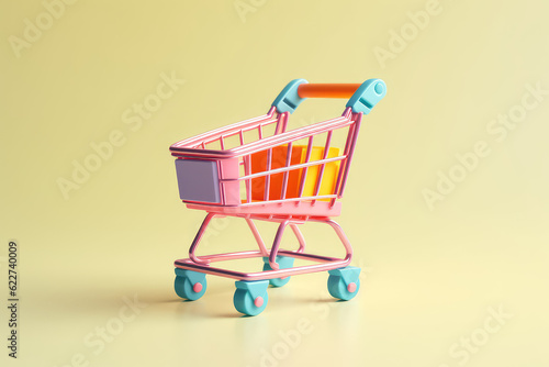 Small toy shopping cart on wheels isolated on flat background with copy space, banner template. Light pastel yellow pink colors. Generative AI 3d render illustration imitation.