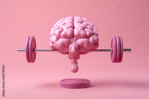 Human brain lifting weights. 3D brain lifting a heavy dumbbell. Mind training, memory health, Alzheimer's prevention, brain training, education, study and menthal health concept. AI generated photo