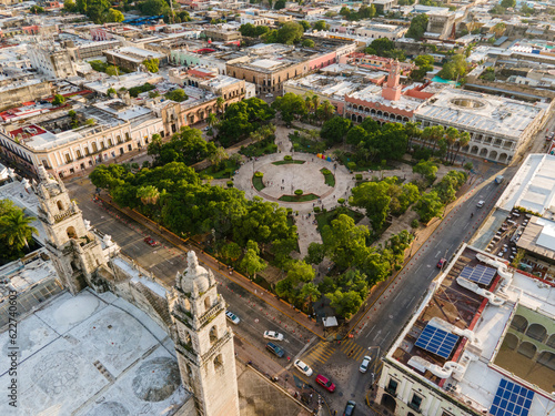 Aerial view of Plaza Principal (Grand Plaza) the main square in front of San Ildefonso Cathedral in Merida at night, Yucatan, Mexico. photo