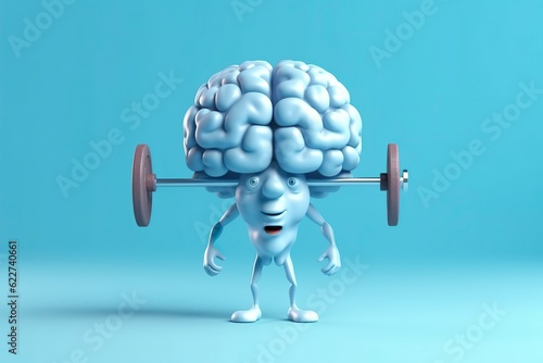 Human brain lifting weights. 3D brain lifting a heavy dumbbell. Mind training, memory health, Alzheimer's prevention, brain training, education, study and menthal health concept. AI generated photo