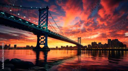 Sunset over the Benjamin Franklin Bridge in Philadelphia, Pennsylvania - Generative AI photo