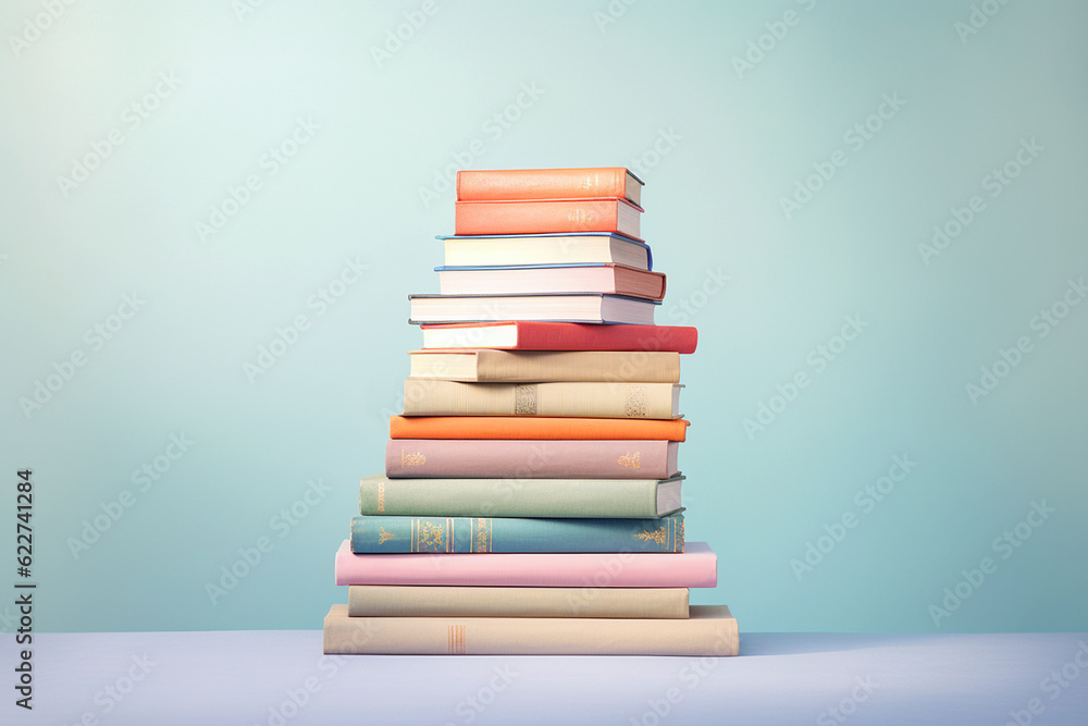 Stack of colorful books on pastel background with copyspace for text. Collection of different books. Back to school, education and learning concept. AI generated image Stack of colorful books on pastel background with copyspace for text. Collection of different books. Back to school, education and learning concept. AI generated image