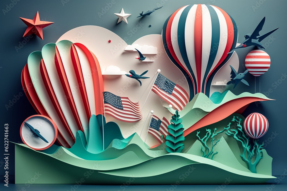 Hot air balloon with american flag, paper craft art for independence day.Generative ai. Hot air balloon with american flag, paper craft art for independence day.Generative ai.