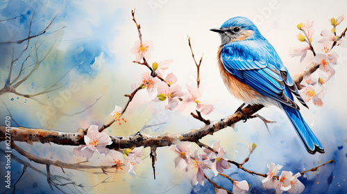 Watercolor Painting of an Eastern Bluebird on a tree branch - Generative AI