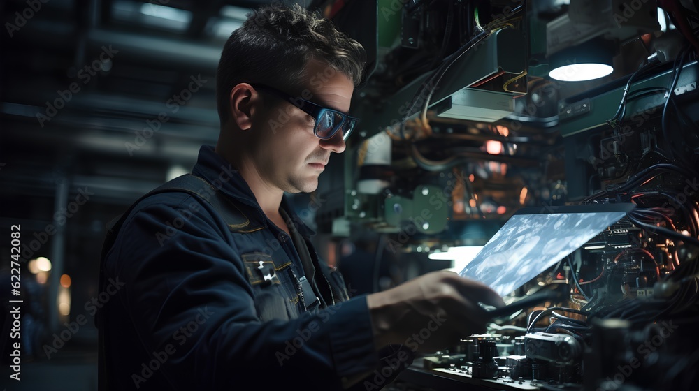 Engineer with AR glasses, overlaying digital instructions of a complex machine. Use of augmented reality in industry to simplify complex tasks and enhance efficiency. Generative AI Engineer with AR glasses, overlaying digital instructions of a complex machine. Use of augmented reality in industry to simplify complex tasks and enhance efficiency. Generative AI