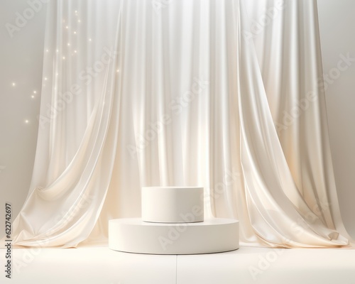 white podium with curtains and sparkling effect on cream background