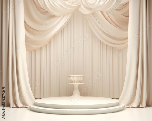 white podium with curtains and sparkling effect on cream background