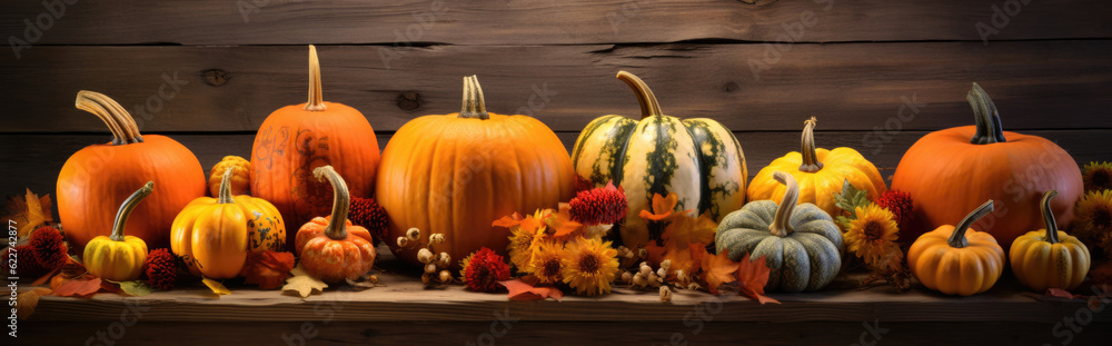 Pumpkins abd flowers on woden background Generative AI Pumpkins abd flowers on woden background Generative AI