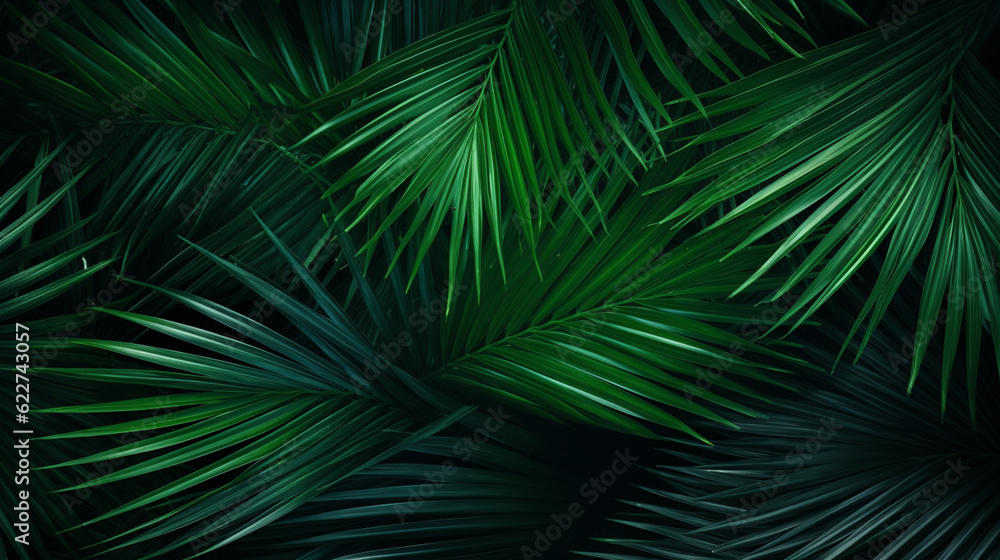 Close-up of exquisite palm leaves amidst a lush, untamed tropical setting.