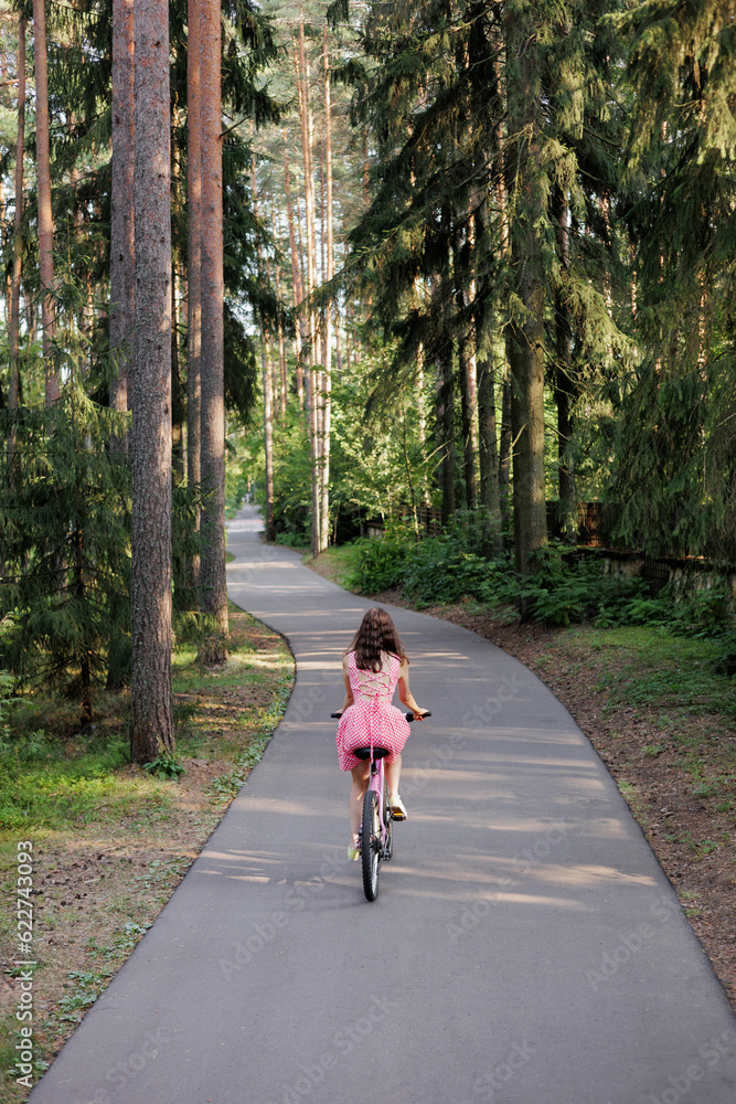 view from back of woman in pink dress riding bicycle in a park among the trees. Women fun weekend sports and recreation. Walking along bike path in national park, freedom and speed. ride enjoy nature