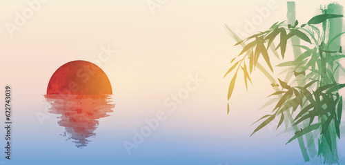 Green bamboo tree on the shore and sunrise sky reflecting in water. Traditional oriental ink painting sumi-e, u-sin, go-hua.