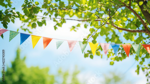 Colorful pennant string decoration in tree