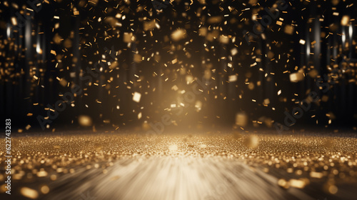 Canvas Print Golden confetti cascades down like a joyous rainfall, descending upon a vibrant and festive stage