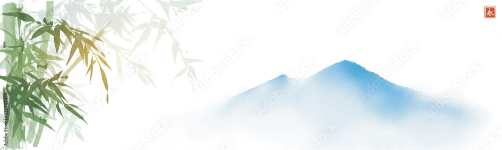 Landscape with green bamboo tree in fog and blue misty mountains. Traditional oriental ink painting sumi-e, u-sin, go-hua. Translation of hieroglyph - eternity Landscape with green bamboo tree in fog and blue misty mountains. Traditional oriental ink painting sumi-e, u-sin, go-hua. Translation of hieroglyph - eternity
